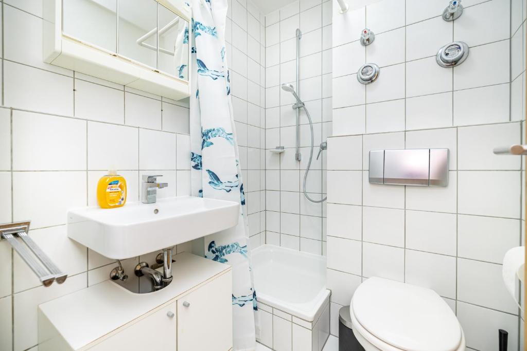 ヴュルツブルクにあるNette Apartments in Würzburgの洗面台とトイレを備えた白いバスルーム