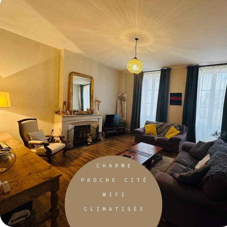 un salon avec un canapé et une cheminée dans l'établissement La charmante maison de ville toute équipée, à Carcassonne