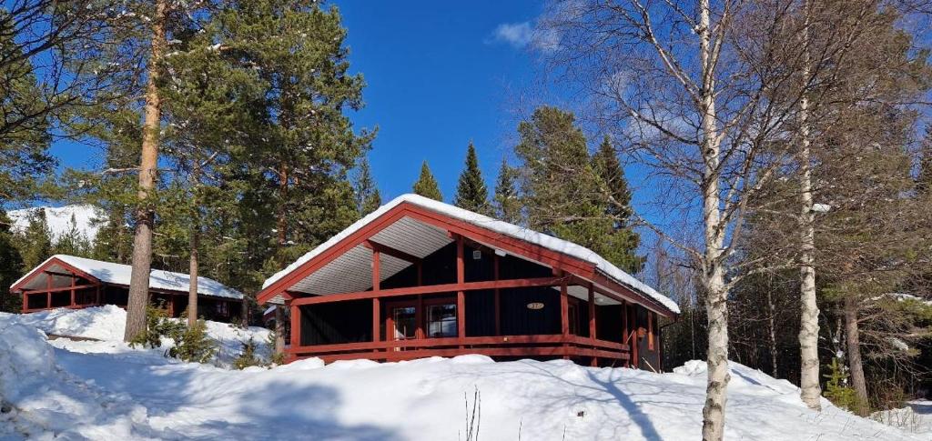 a large wooden cabin in the snow with trees at Sauna | Wi-Fi | Terrace | Wood stove | Cable TV in Lofsdalen