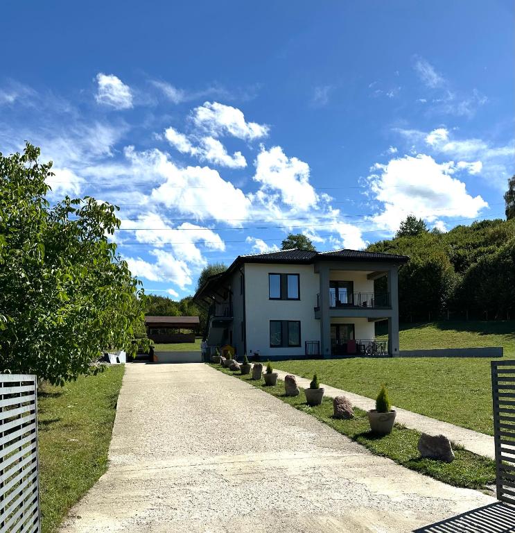 a white house with a pathway in front of it at EdanApartments in Tohanu Nou