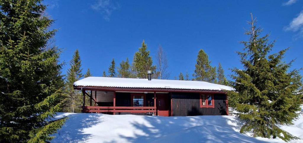 a small cabin with a snow covered roof at Sauna | Wi-Fi | Terrace | Wood stove | Cable TV in Lofsdalen
