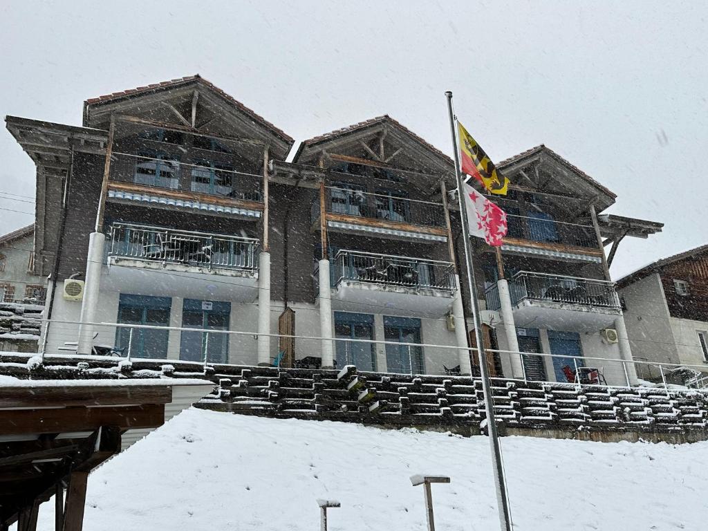 a flag in front of a building in the snow at LakeSide Villa - 18 in Niederried