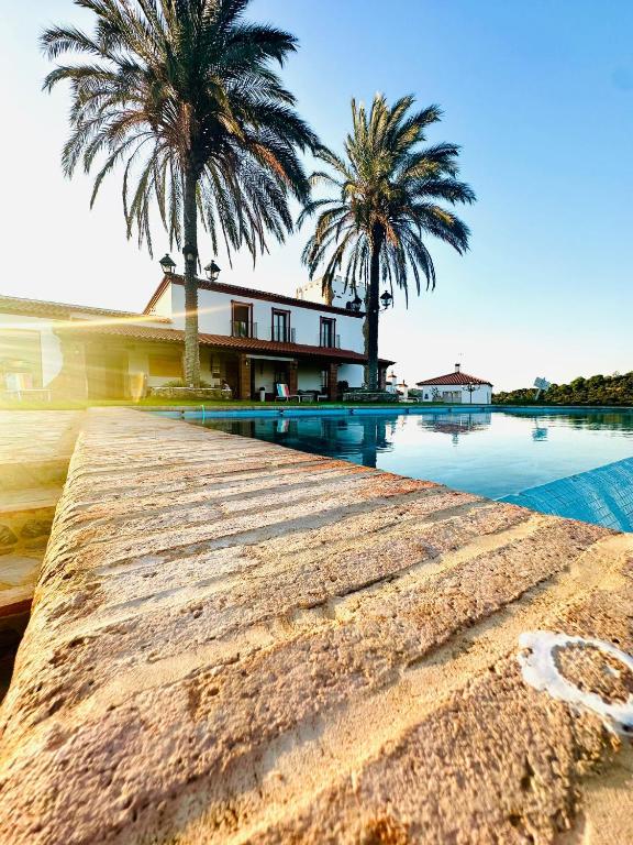 a resort with palm trees and a swimming pool at Casa Rural Finca Aguasanta Gestyp-AT in Higuera la Real
