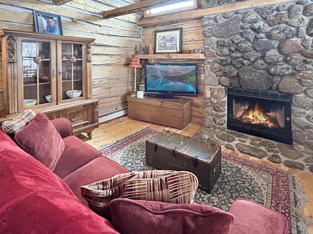 a living room with a couch and a fireplace at Timeless Mesa Hideaway cabin in Mesa