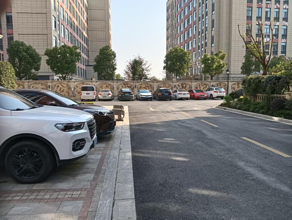 a row of cars parked on the side of a street at Tianyongge Art Hotel Shanghai Disney Store in Shanghai