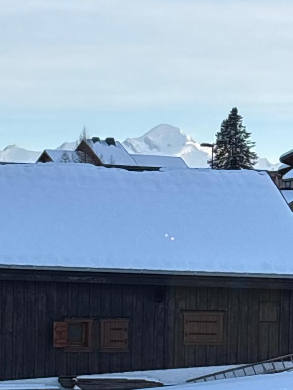 un toit enneigé d'un bâtiment avec des montagnes en arrière-plan dans l'établissement Gîte du roy, à Taninges