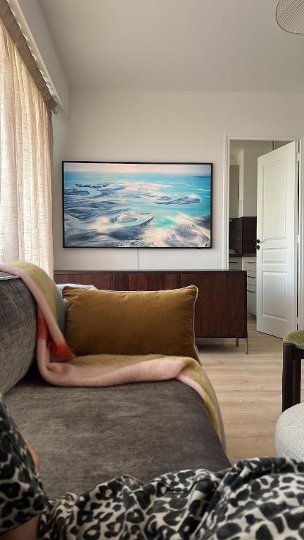 un salon avec un canapé et un tableau au mur dans l'établissement Luxury and comfortable apartment, à Puteaux