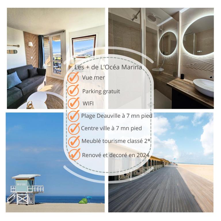 un collage de photos d'une maison avec une chambre dans l'établissement Ocea Marina appartement vue mer refait à neuf avec parking privatif, à Deauville