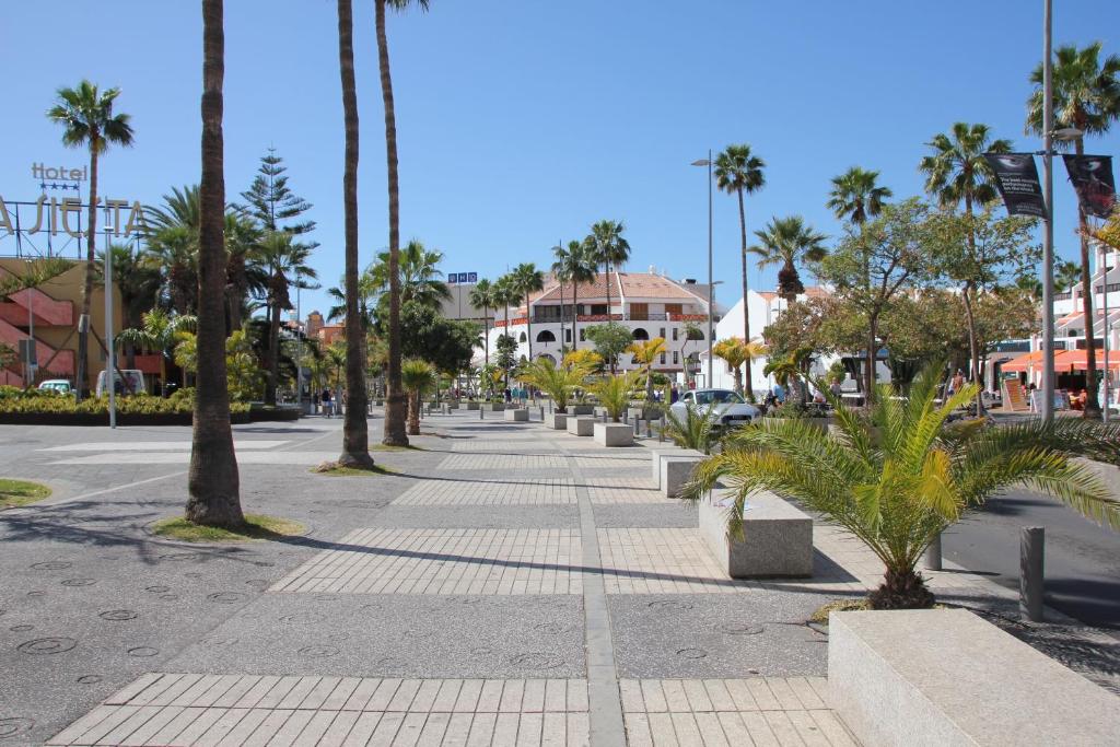 a sidewalk with palm trees on a city street at Parque Santiago 2 Las Americas in Playa de las Americas
