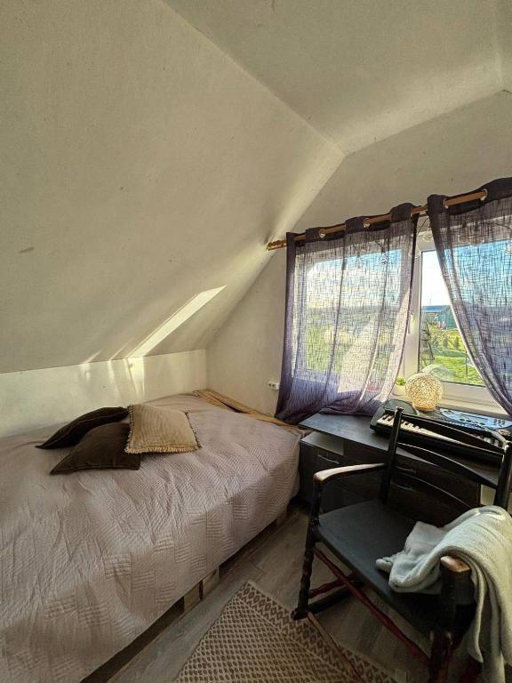 a bedroom with a bed and a chair and a window at Elen in Goliševa