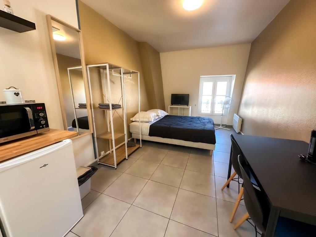 ein kleines Zimmer mit einem Bett und einer Küche in der Unterkunft Studio SN9 - Centre-Ville Meaux - Proche Disneyland in Meaux