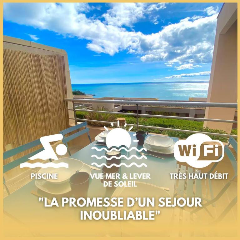 un flyer pour un complexe avec vue sur l'océan dans l'établissement Le Calypso, Magnifique Appartement Piscine et Vue Somptueuse, à Sète