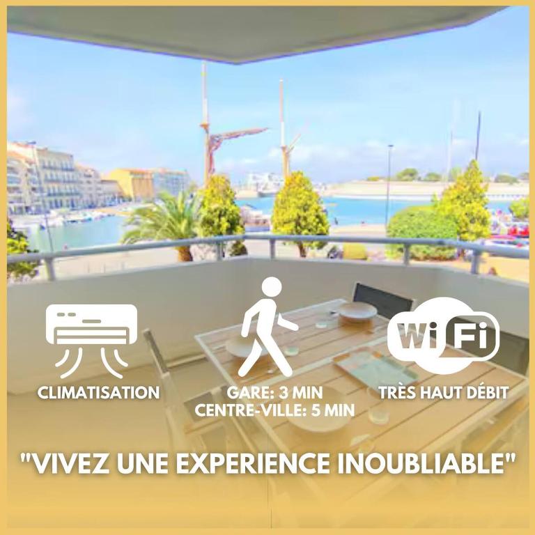 une affiche d'une personne se promenant sur un balcon dans l'établissement Charmant T2 neuf climatisé, vue sur les quais, à Sète