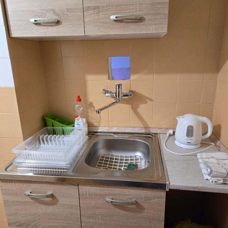 zlew kuchenny z wieszakiem na naczynia obok niego w obiekcie Orsi Szálláshelyek Kecskemét 2 w mieście Kecskemét