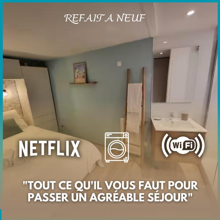 Cette chambre comprend un lit, un lavabo et un miroir. dans l'établissement Les Glycines, T2 near downtown, à Poitiers