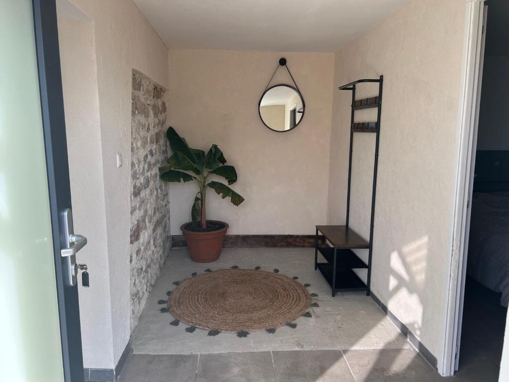 a hallway with a potted plant and a mirror at La Ferme in Roye