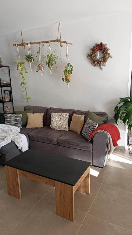 - un canapé dans un salon avec des plantes sur le mur dans l'établissement Maison au pied du Mont Ventoux, à Saint-Pierre-de-Vassols