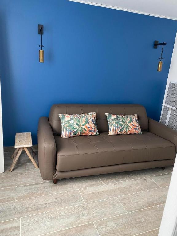 - un canapé brun dans une chambre avec un mur bleu dans l'établissement Spa Village Heart, Near Sea, Charming, Spa May-Sep, au Bois-Plage-en-Ré