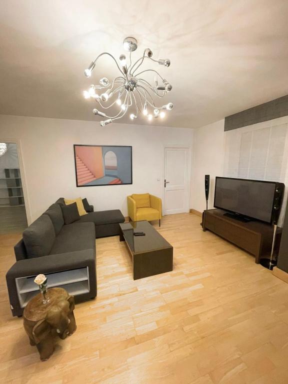 un salon avec un canapé et une télévision dans l'établissement Magnifique Grand appartement Near Basel Parking privée, à Saint-Louis