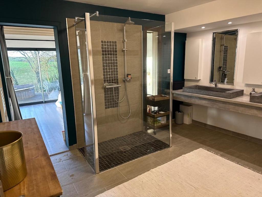une salle de bain avec douche et lavabo dans l'établissement 1h10 de Paris, maison de campagne avec piscine chauffée et Jacuzzi, à Mainneville