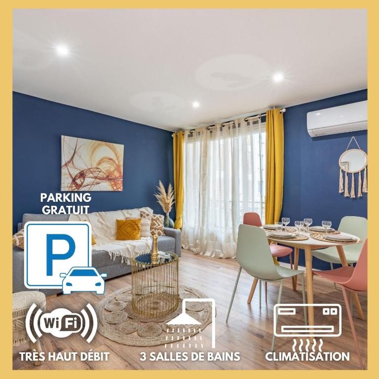 Posedenie v ubytovaní AMJA Proche clinique Saint-Roch apt 3 chambres 3 salles de bain parking gratuit idéal famille groupe coworking 10 min centre ville 10 min plage 5 min sortie autoroute