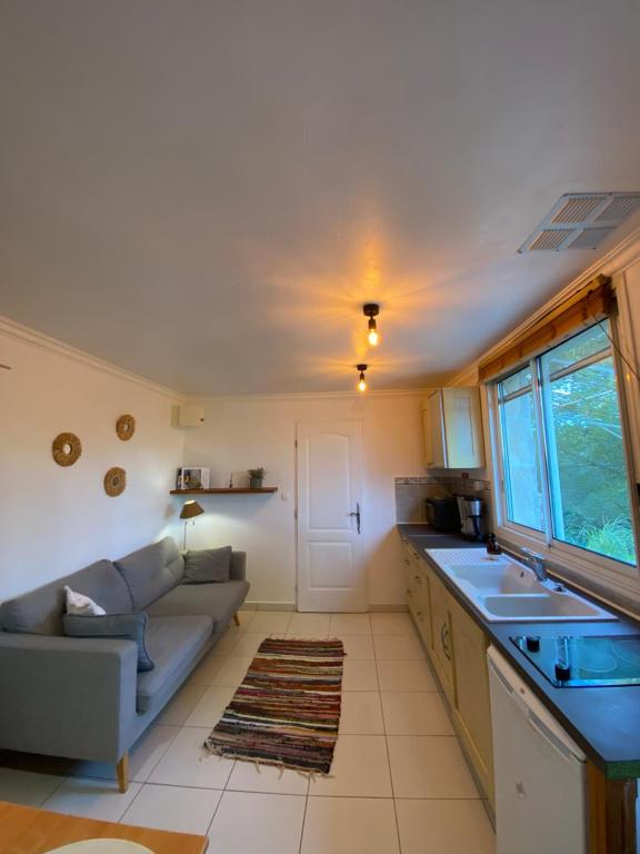 a kitchen and living room with a couch and a sink at Appartement Nîmes B in Nîmes