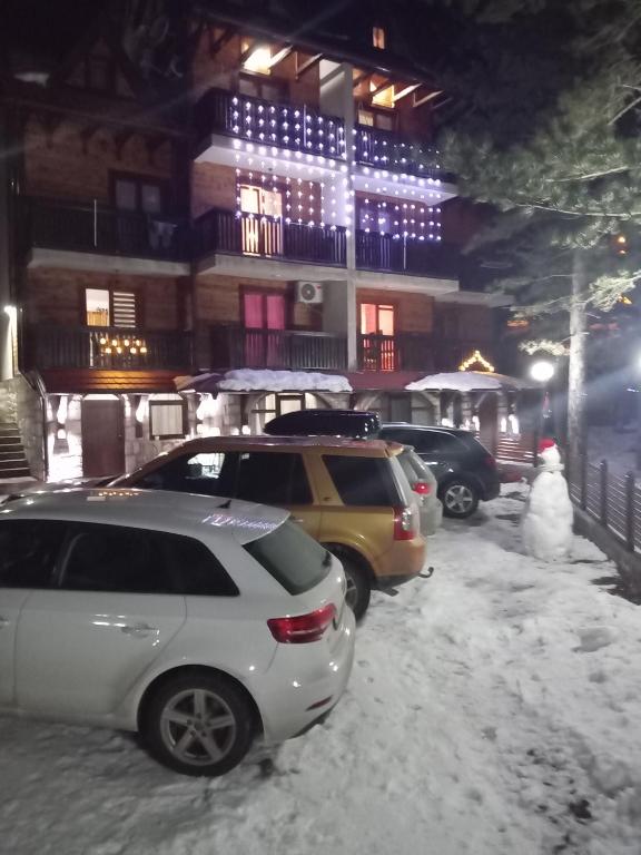 two cars parked on a snow covered street at night at Simic Apartmani Tara in Kaludjerske Bare