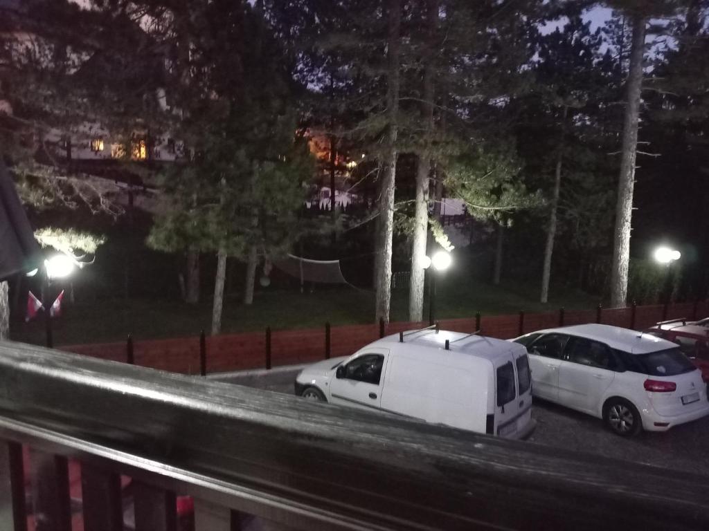two cars parked in a parking lot at night at Simic Apartmani Tara in Kaludjerske Bare