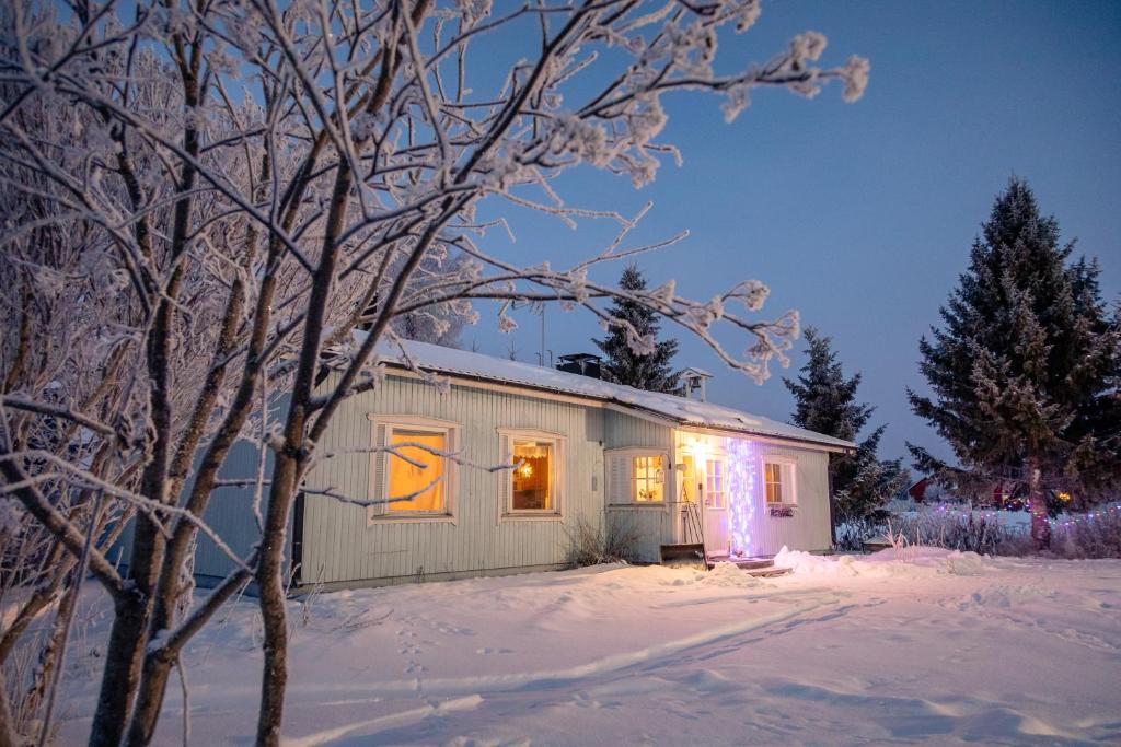 a house with lights in the snow at night at Villa Blue in Autti
