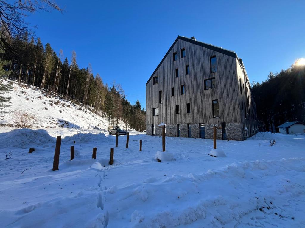 ヴルフラビーにあるApartmán Herlíkovice 303の雪の中の古い建物