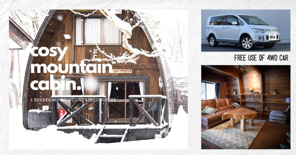 a collage of a picture of a house with a van at The Cabin in Hakuba