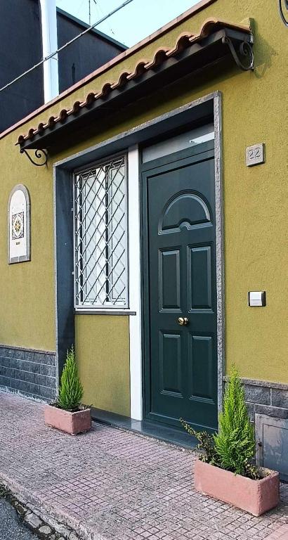 a green door of a house with two potted plants at Etna Garden Francesca in Presa
