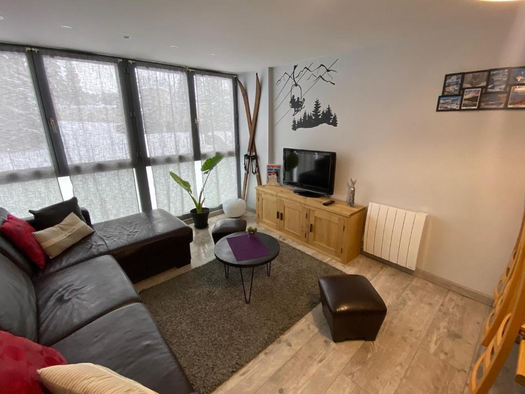 un salon avec un canapé et une télévision dans l'établissement Magnifique Duplex de 56m2 pour 6 Personnes, à Praz de Lys - Sommand