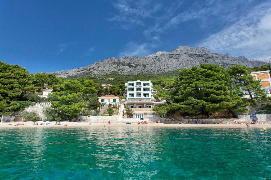 a view of a beach with a mountain in the background at Apartments Villa Loznica in Brela