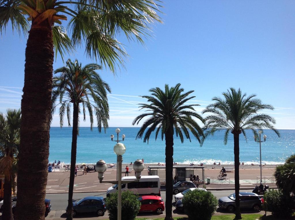 a view of a beach with palm trees and the ocean at Le Grand Sud in Nice
