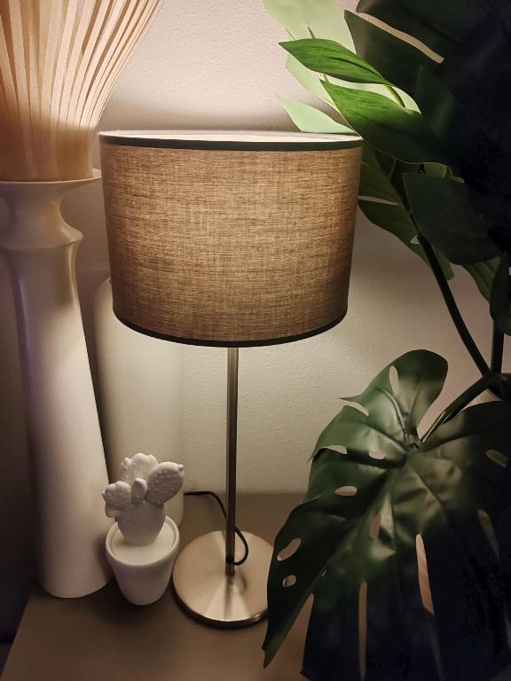 une lampe assise sur une table à côté d'une plante dans l'établissement Central Studio, à Nice