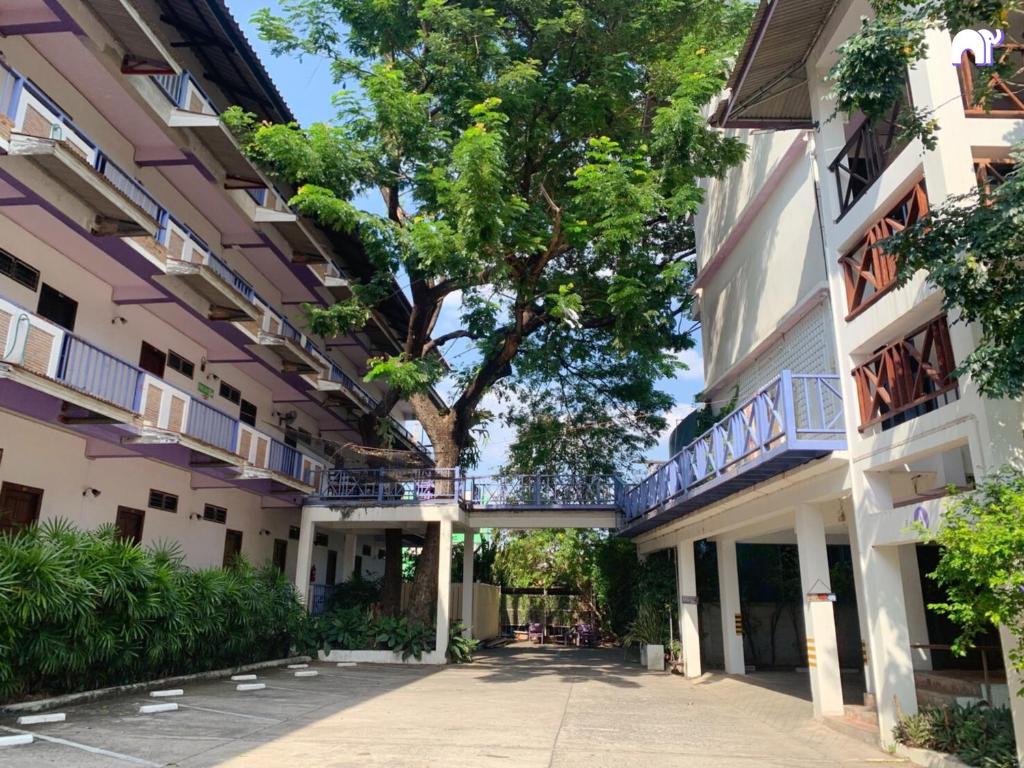 an alley between two buildings with a tree in the middle at โรงแรมบ้านแก้ว เรือนขวัญ in Si Sa Ket