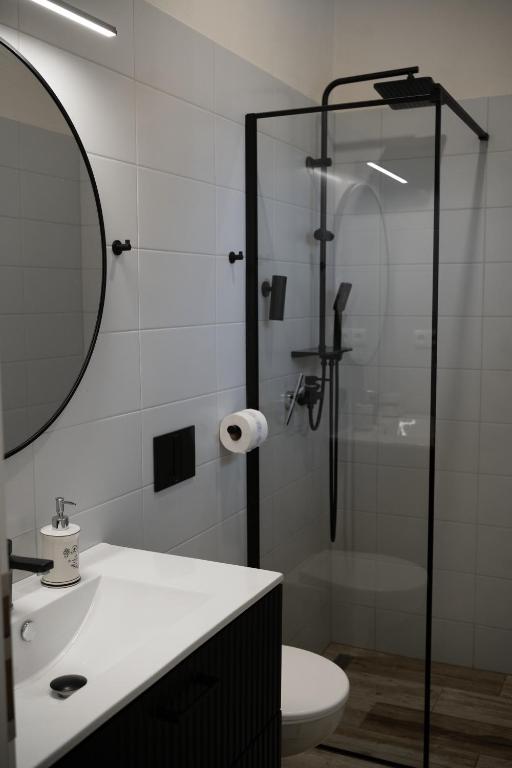 un bagno con doccia, WC e lavandino di Srub v Odeři a Hroznětín