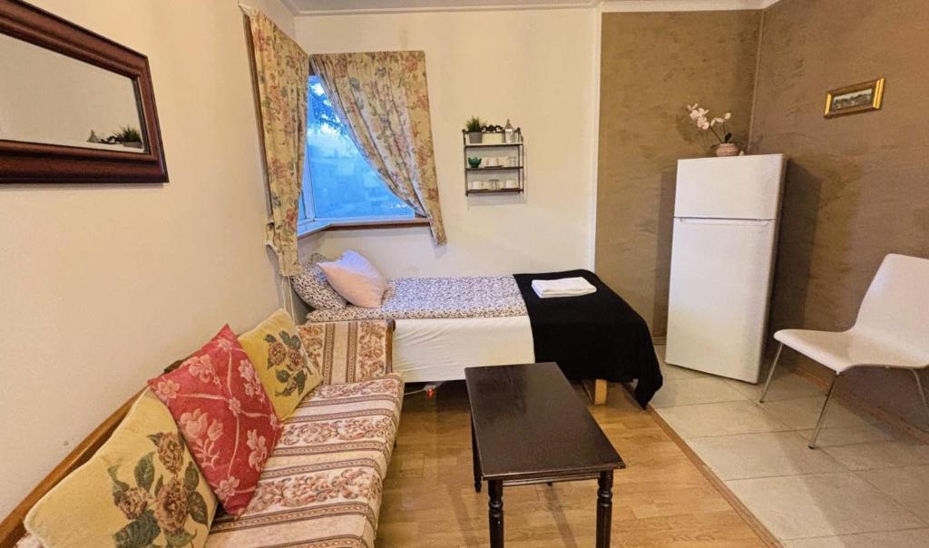 a small room with a couch and a bed at Akureyri Center Rooms in Akureyri