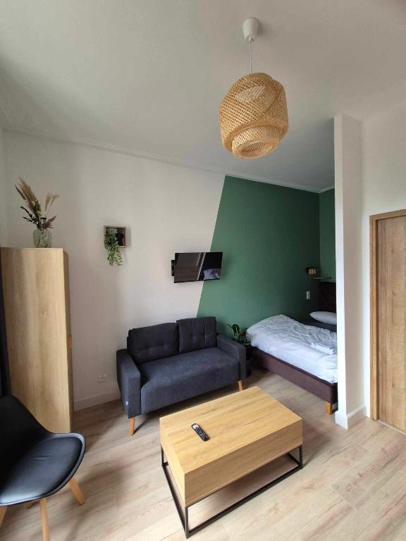 un salon avec un canapé et un lit dans l'établissement Appartement à thermal, à Nancy