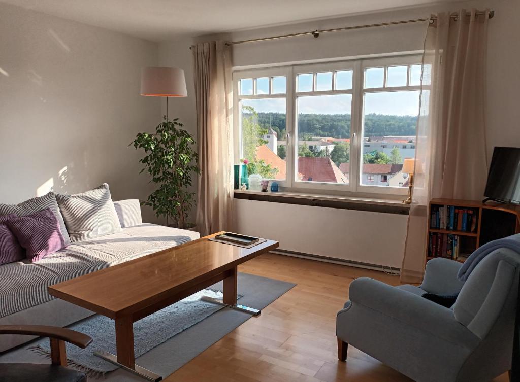 a living room with a couch and a table and a window at Ferienwohnung Hofgarten in Ansbach