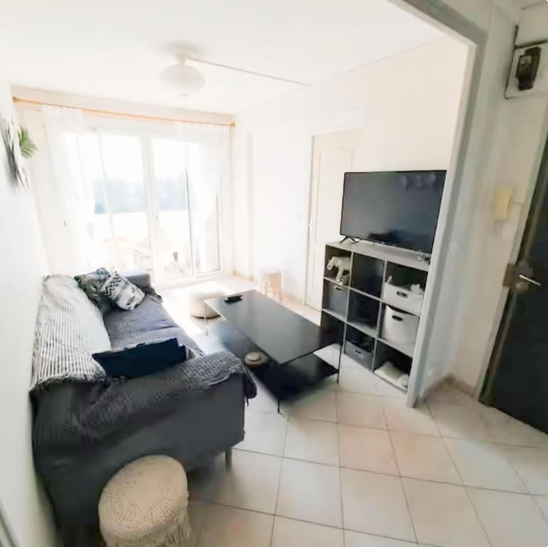un salon avec un canapé et une télévision dans l'établissement Chambre PRIVÉE dans Appartement PARTAGÉ - Talence - Proche Tram C - WIFI - REF P1, à Talence