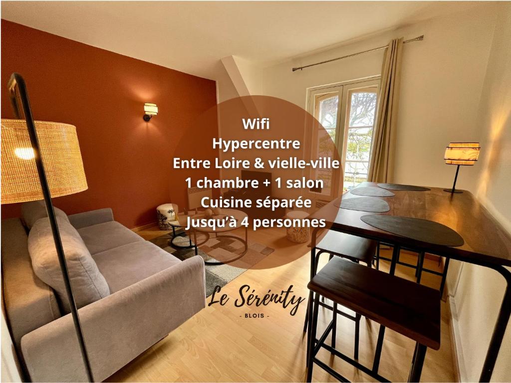 un salon avec un canapé et une table dans l'établissement Hypercentre, douillet, vue Loire et vieux Blois, le Sérénity, à Blois