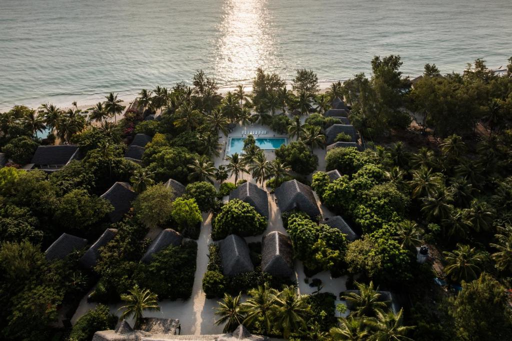 an aerial view of the resort and the ocean at Mwezi Boutique Resort in Jambiani