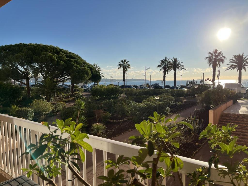 Elle offre une vue sur le jardin planté de palmiers et l'océan. dans l'établissement le mediterranee vasapolli, à Fréjus