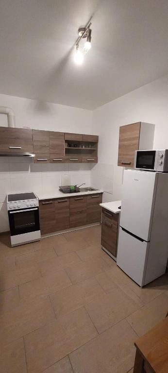 a kitchen with a white refrigerator and wooden cabinets at Monteurwohnungen in Wanzleben in Wanzleben