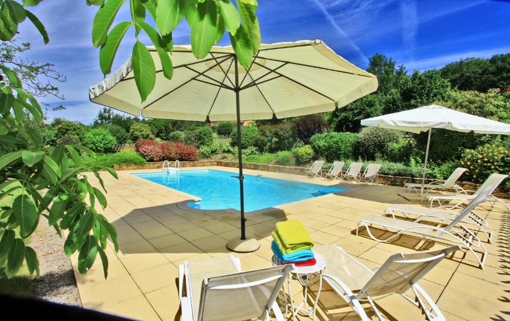 une terrasse avec des chaises et un parasol ainsi qu'une piscine dans l'établissement Gîtes de charme Le Cheyssignaguet, à La Chapelle-Aubareil