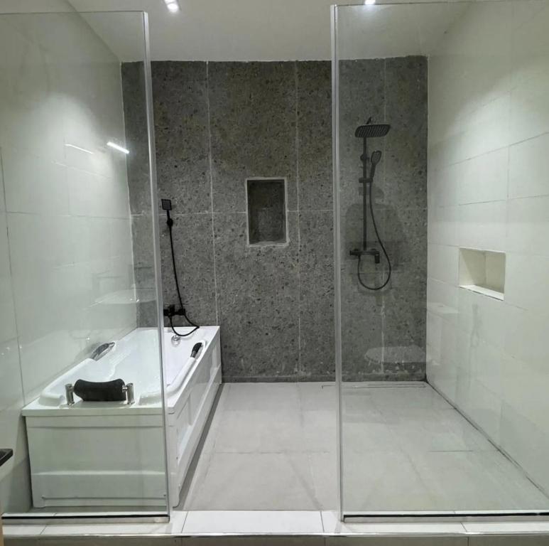 a bathroom with a shower and a tub and a sink at House 12 Two-Bed Studio Apartment in Ilorin