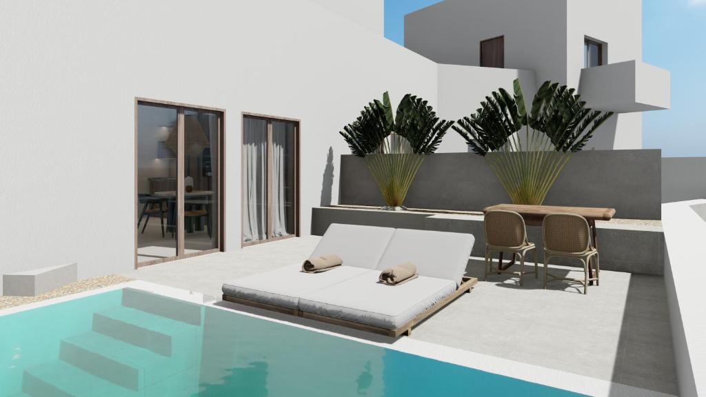 a living room with a bed and a swimming pool at Kalimera Karpathos Exclusive Villas in Afiartis