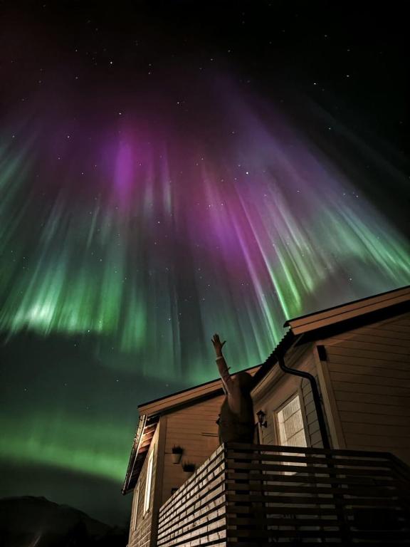 a person standing on top of a house under the northern lights at Arctic Cabin - Mellomgaard on southern Kvaløya #sauna & bbq hut on site! in Tromsø